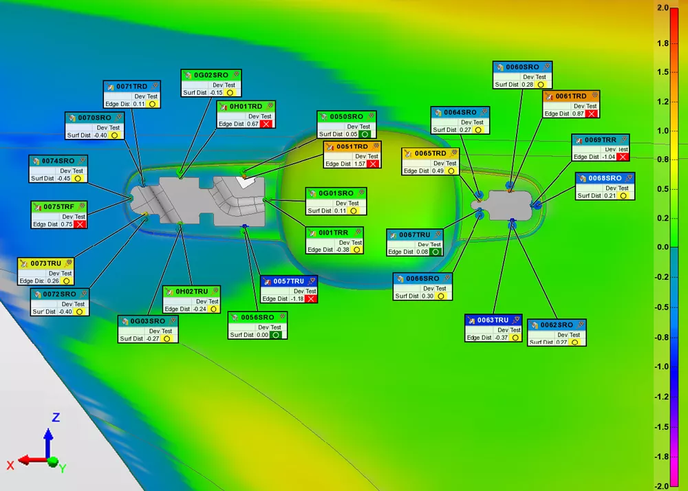 PolyWorks|Inspector 2024では、複数の位置合わせをコントロールビューで表示し、分析結果を確認できます