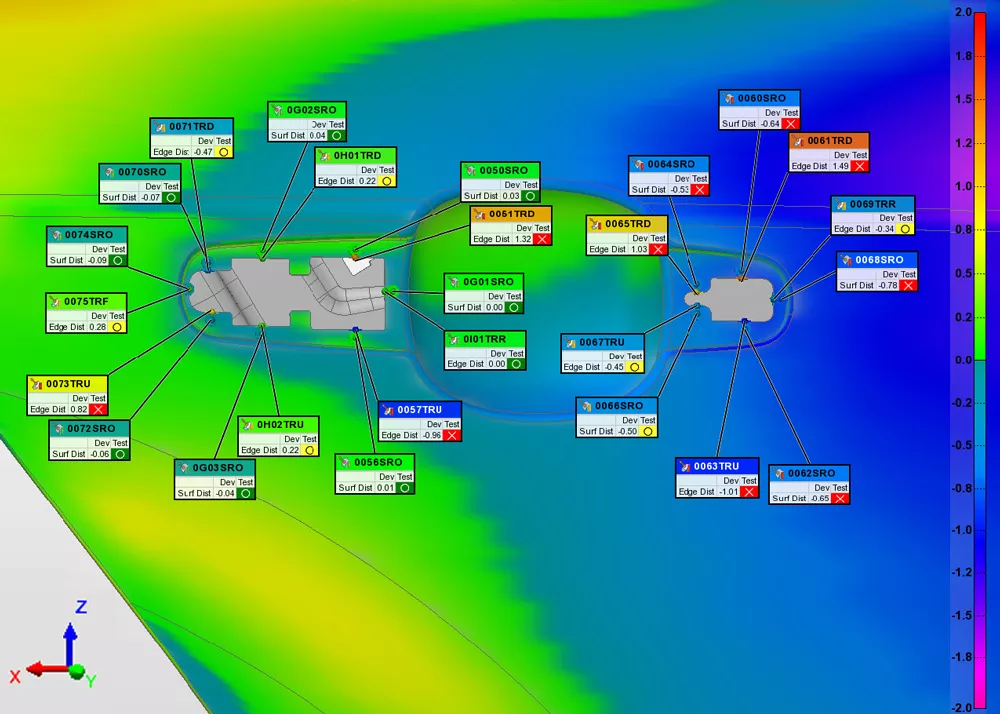 PolyWorks|Inspector 2024では、複数の位置合わせをコントロールビューで表示し、分析結果を確認できます